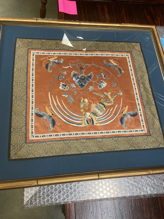 Asian Framed Silk Art (Orange, Blue, Gold Bamboo Frame)