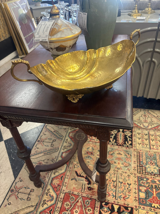 MCM Footed Hammered Brass Centerpiece w/ Scalloped Edging & Handles