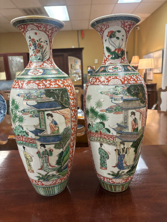 PAIR of 18" Antique Chinese Famille Verte Porcelain Vases