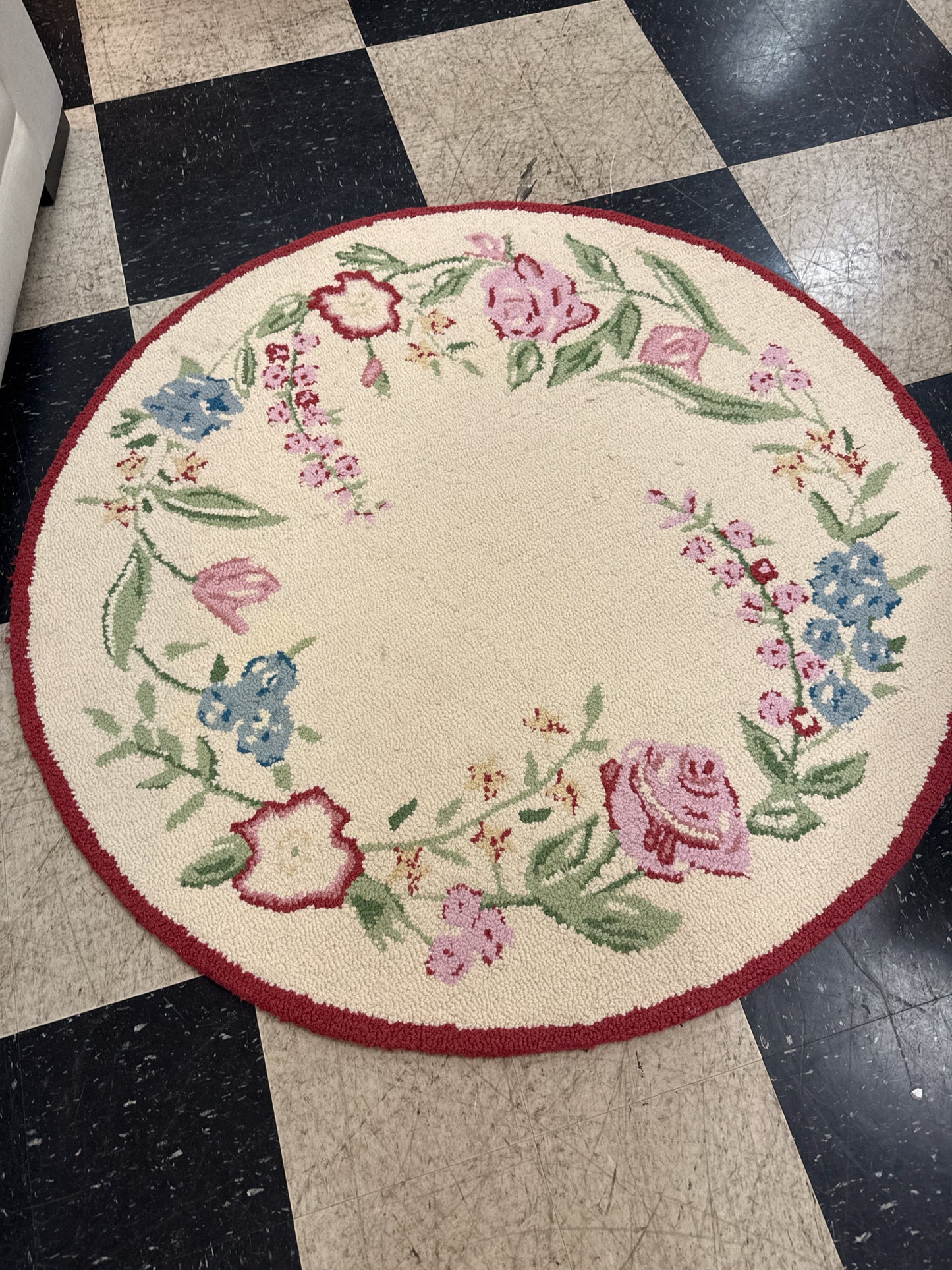 (5'x 5') Pottery Barn Handcrafted 100% Wool Rug White/Red/Blue/Pink