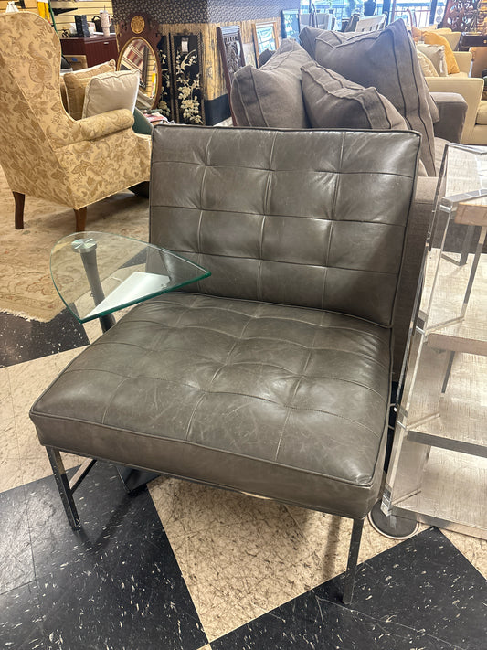 Mitchell Gold Tufted Gray Leather Side Chairs w/ Chrome Base 28x36x31