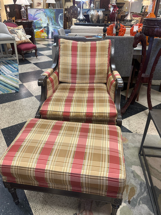 Ethan Allen Red & Gold Plaid Arm Chair w/ Ottoman