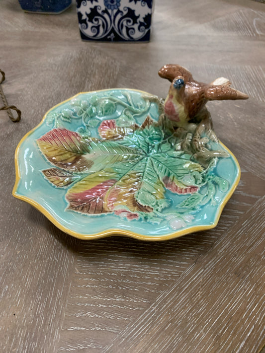 Antique "Majolica" Leaf Plate w/ Bird & Gold Easel