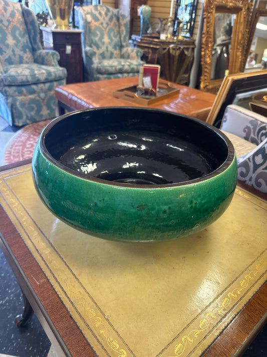 15" Round Green/Black Pottery Bowl