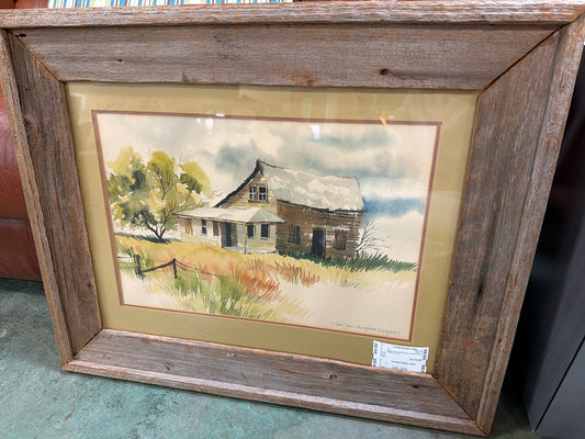 Watercolor of Old Cabin in Rustic Wood Frame 31 X 25