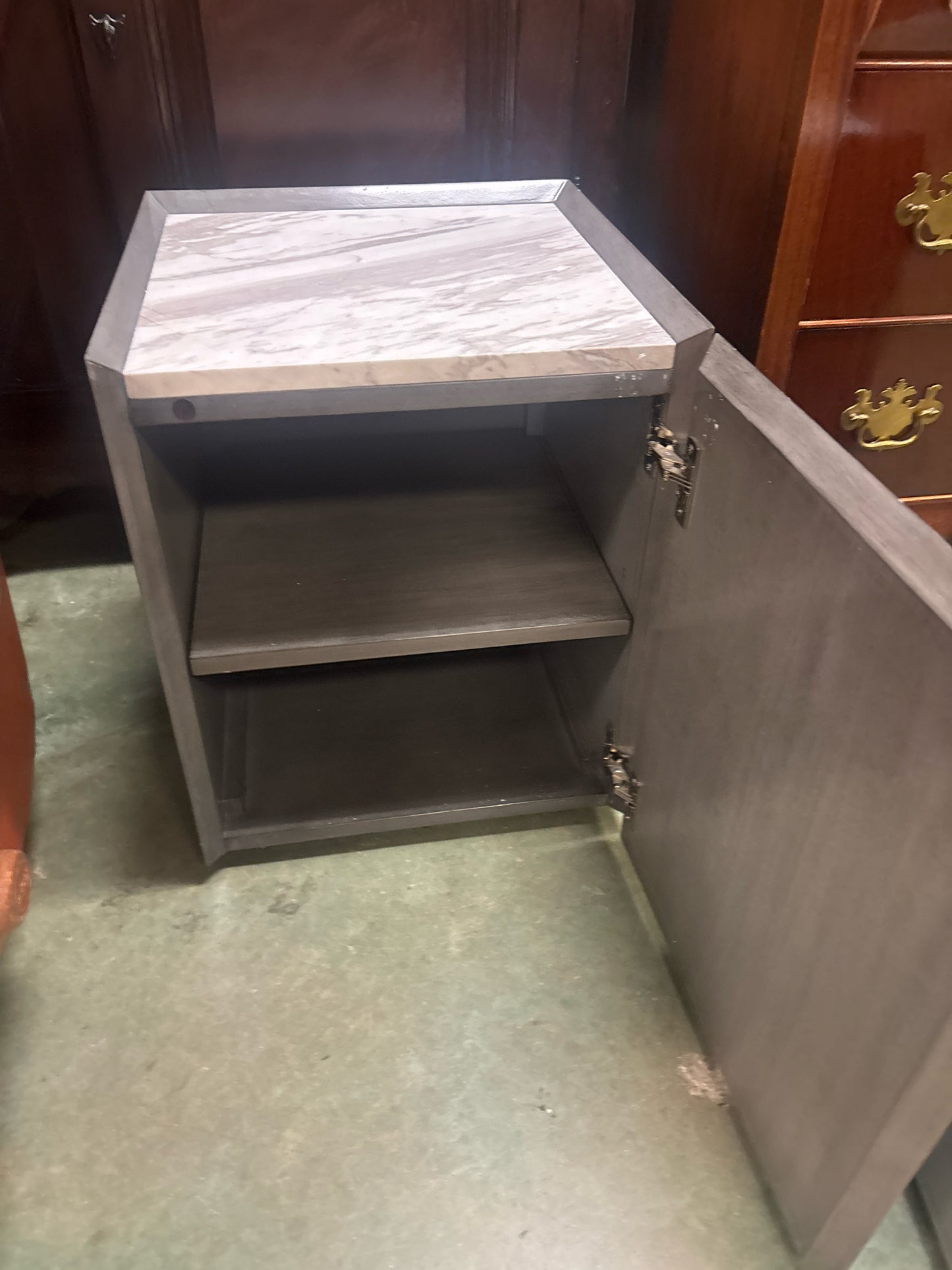 Gray CB2 Square Side Table w/ Marble Top/Door/Shelf Inside (17x17x21 1/4)