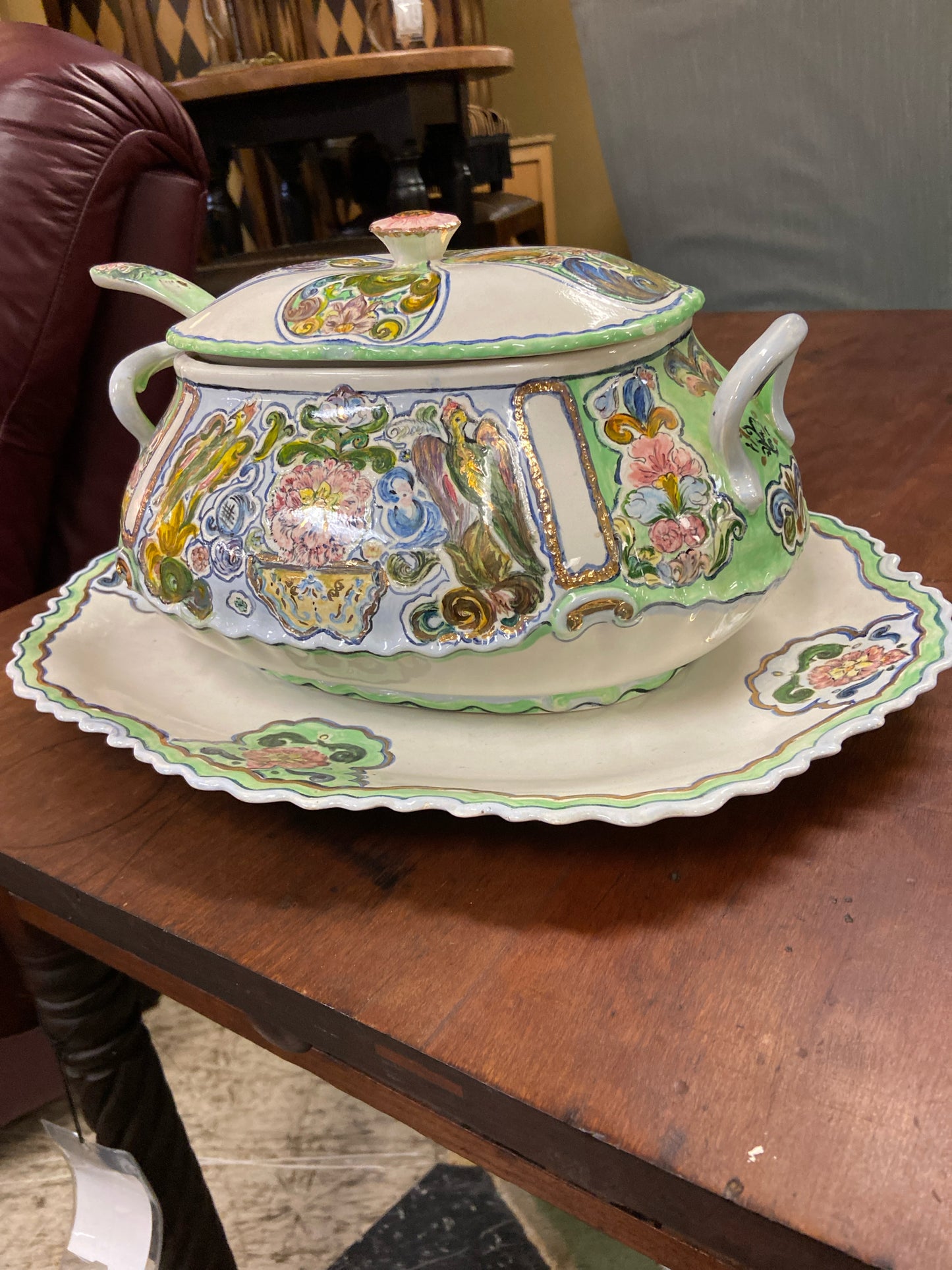 Antique Hand Painted Soup Tureen w/ Platter  w/Ladel  & Lid