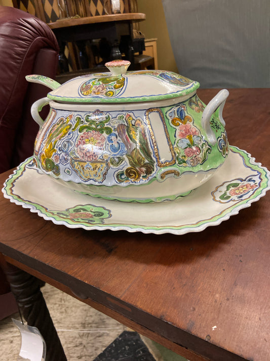 Antique Hand Painted Soup Tureen w/ Platter  w/Ladel  & Lid