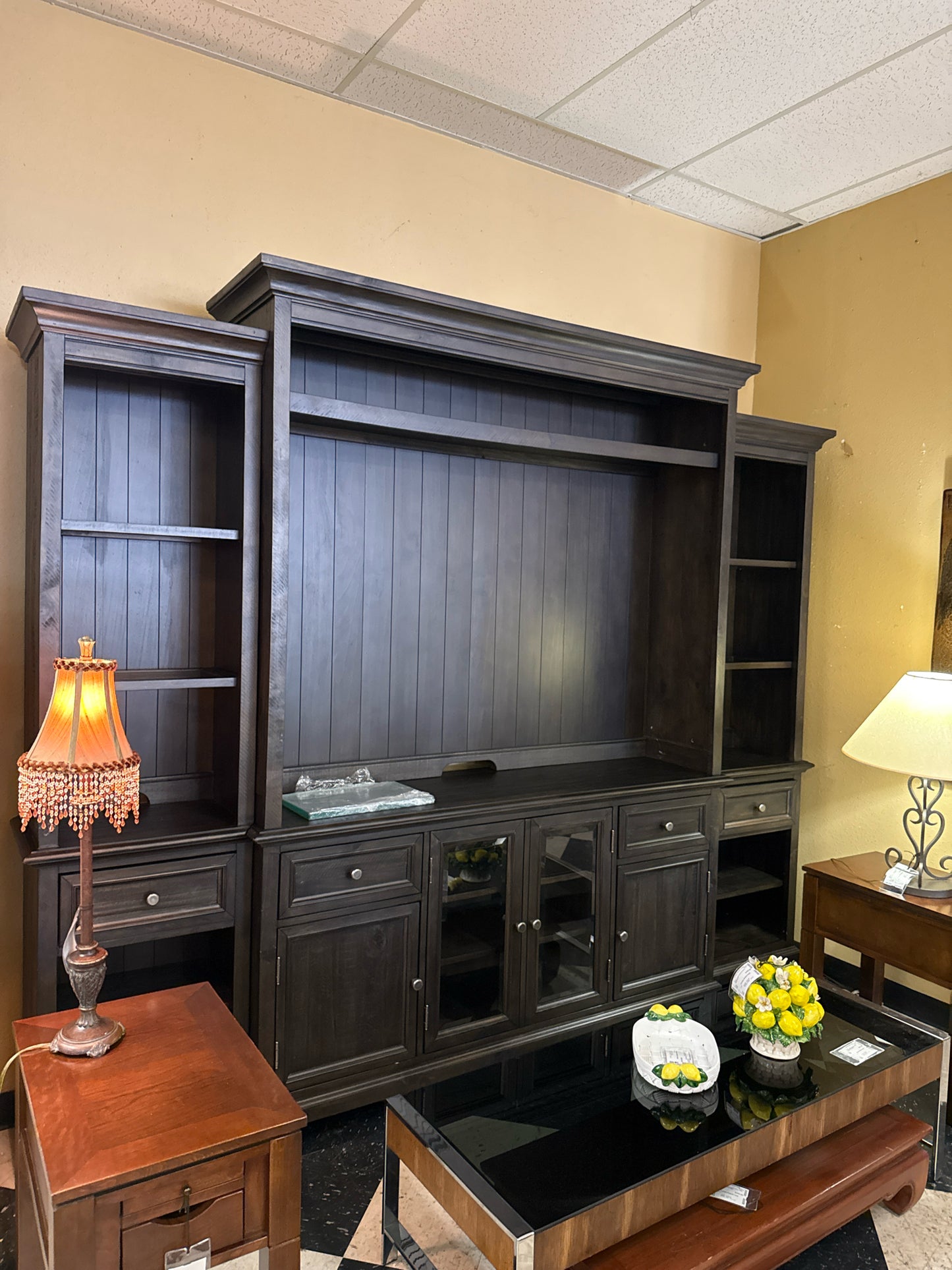 Haverty's- Black Wood Entertainment Center w/14 Shelves w/4 Glass Shelves/4-draw