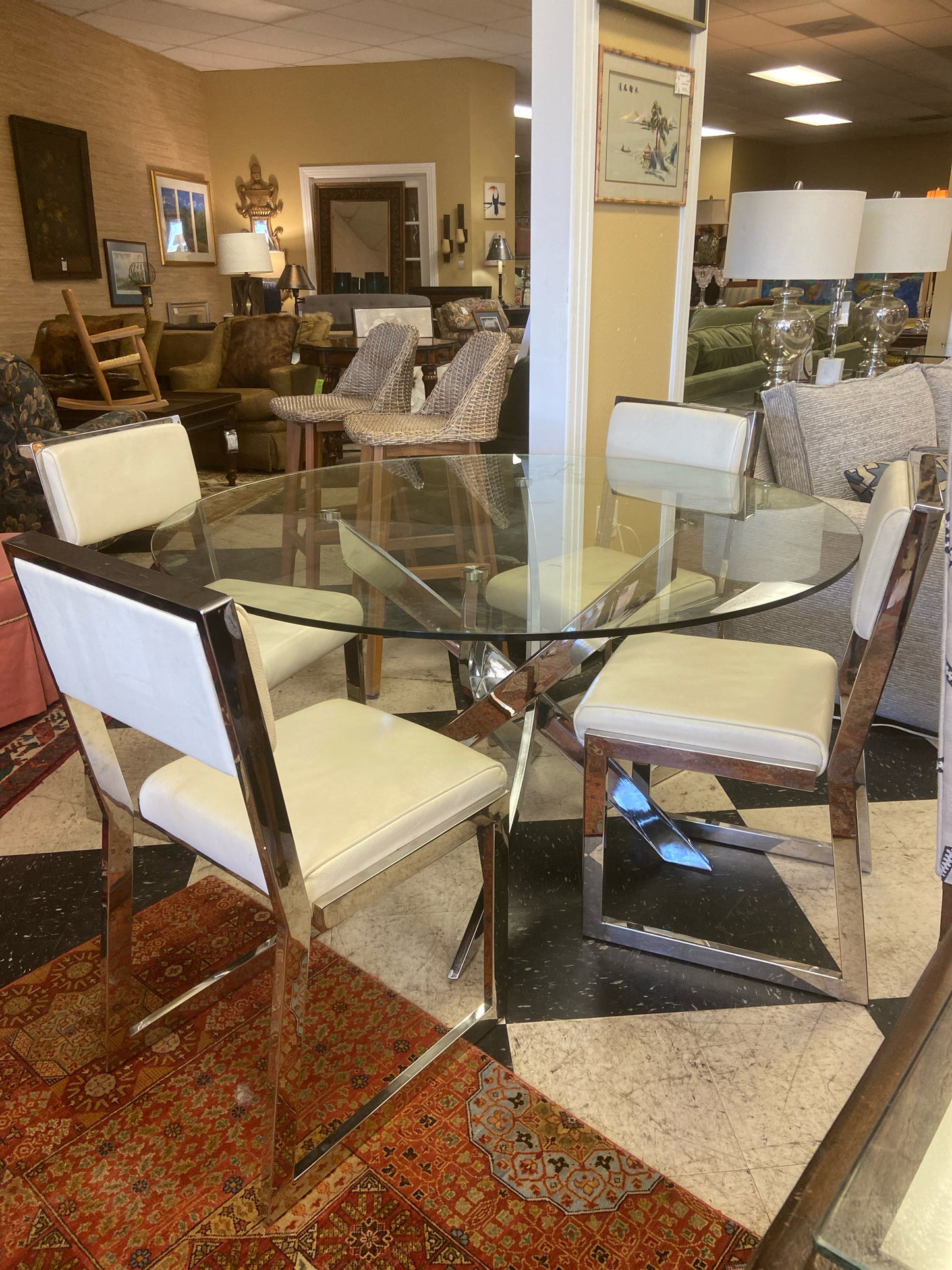 SET - Mid Century Glass Round 51" w/ Chrome Base and 4 White Leather Chairs