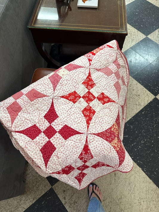 Handmade Red/White/Ivory Patchwork Quilt w/Scalloped Sides