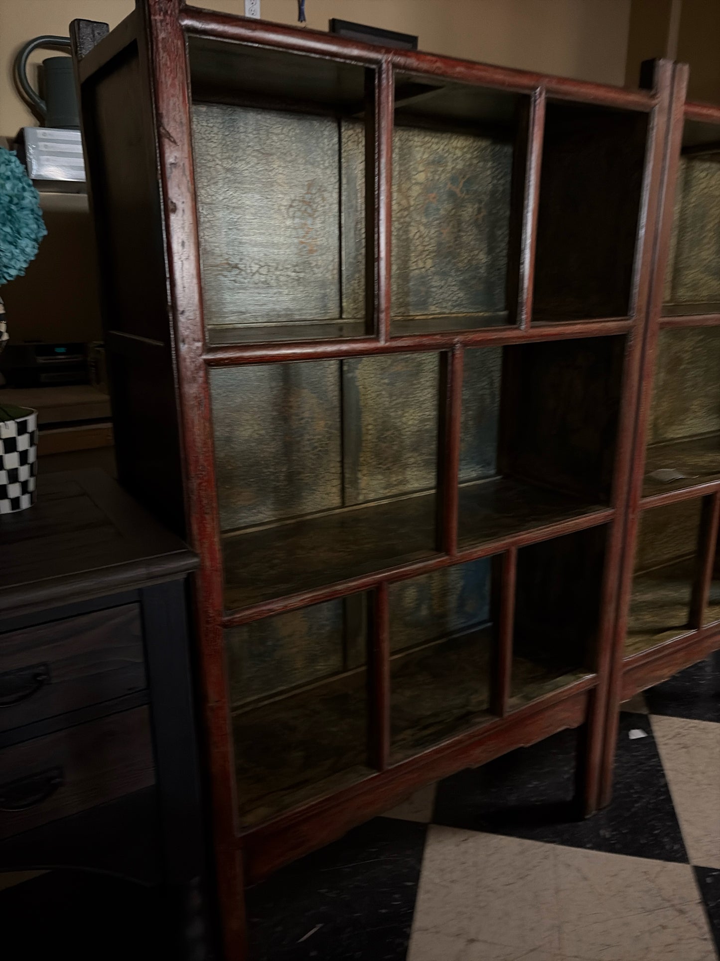 Vintage Solid Wood Chinese Bookcase w/Distressed Red/Green Interior