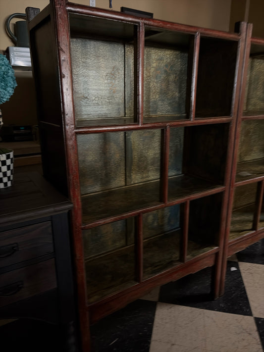 Vintage Solid Wood Chinese Bookcase w/Distressed Red/Green Interior