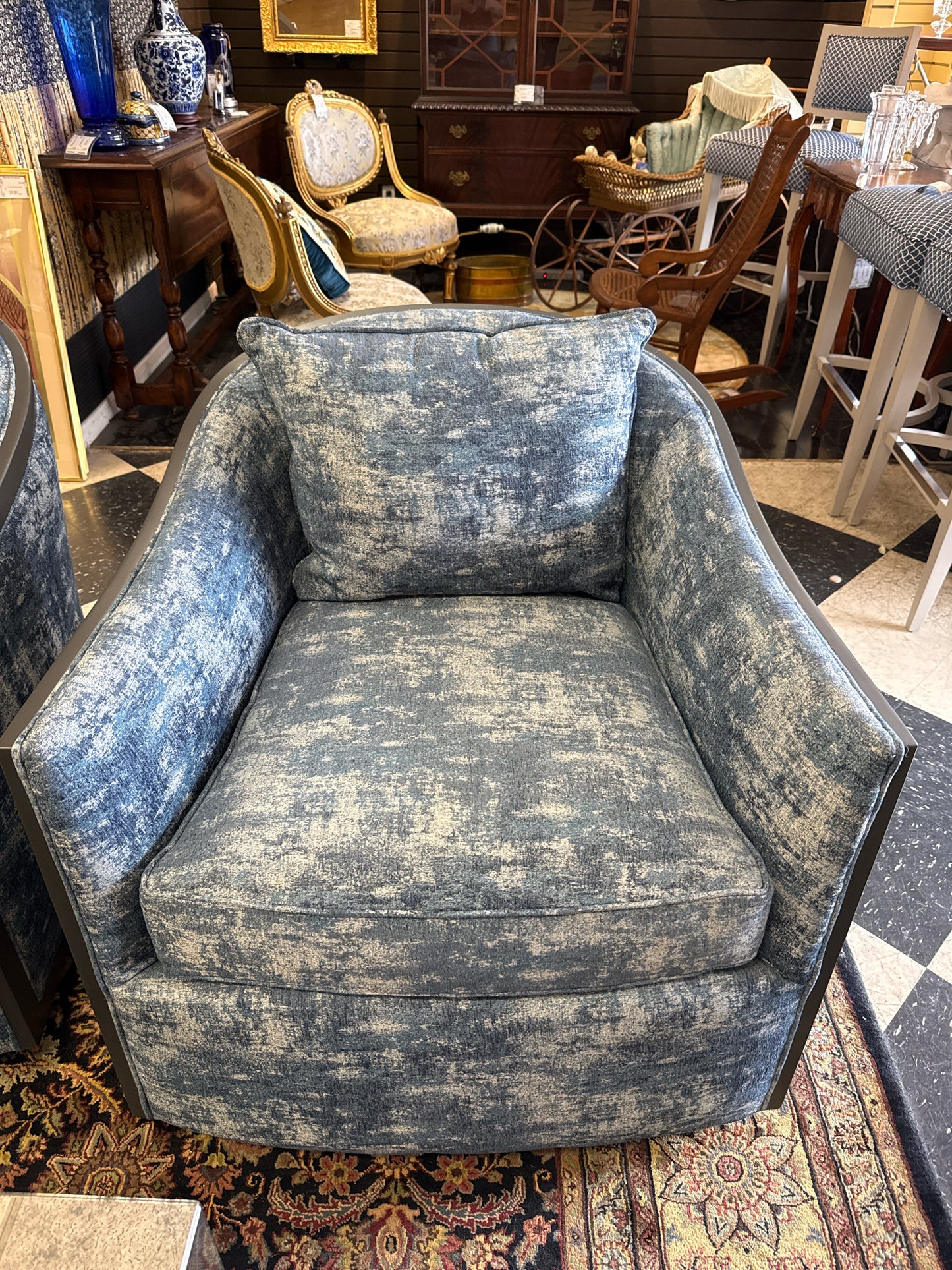 Sam Moore Hooker Blue & White Swivel Chair w/Matching Footstool