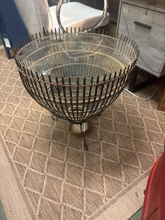 Franco Albini Style Rattan Round Fishing Basket & Glass Side Table