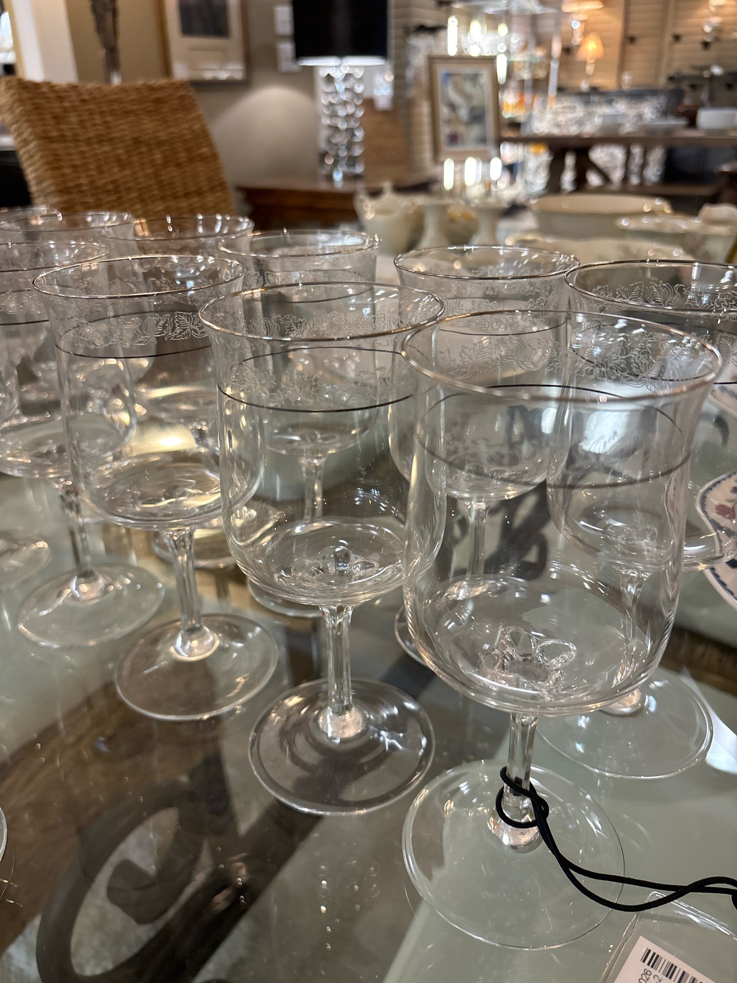 SET of 10 Vintage Moonspun Crystal Goblets w/ Platinum Rim & Floral Etching