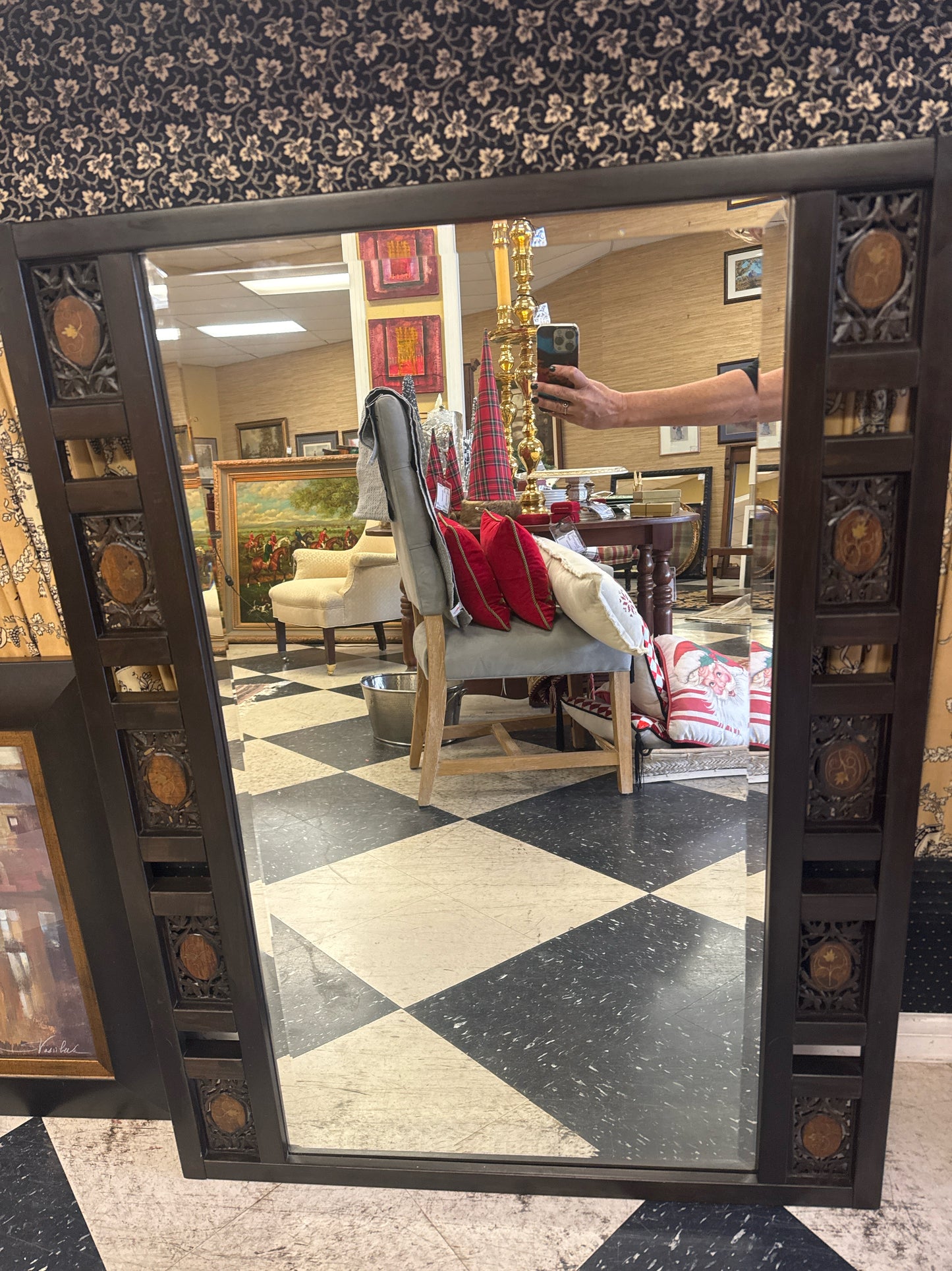 Beveled Wood Mirror w/Carved & Inlay Detail (32x42)