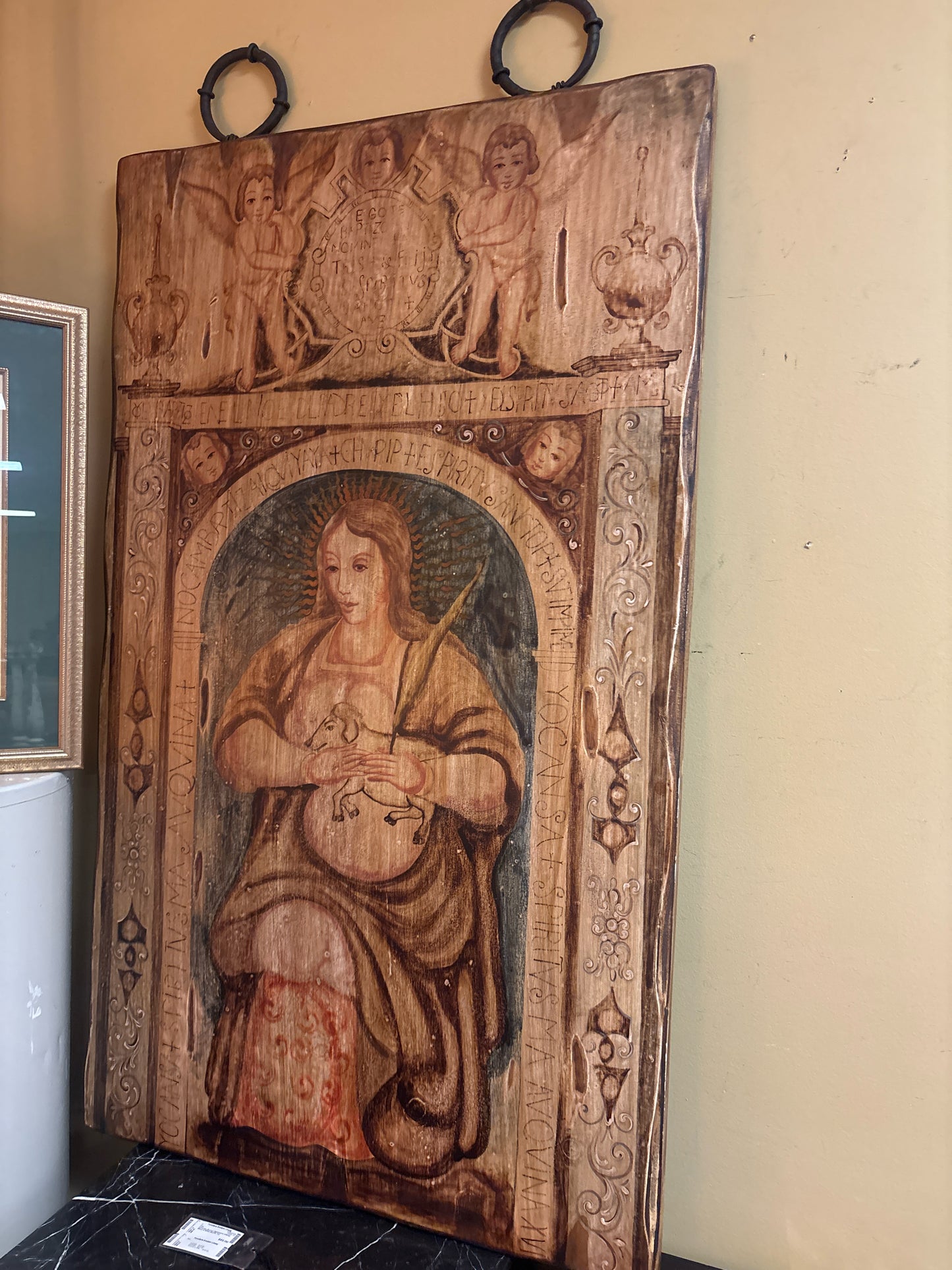 Folk Art Hand Painted Wood Panel w/ Woman & Lamb (36x60)