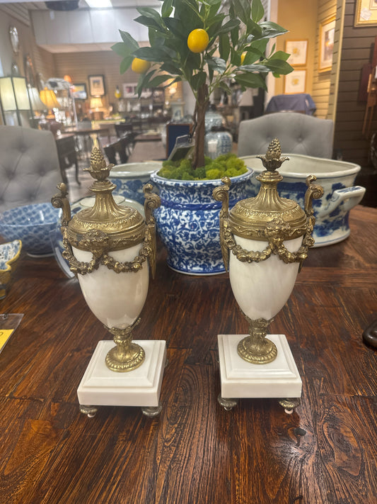 Pair of Antique French Marble & Brass Casssolet