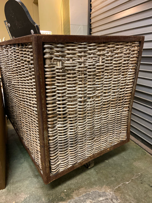 Antique ROUND TOP Outdoor Cotton Wicker Basket on Casters 42x23x33