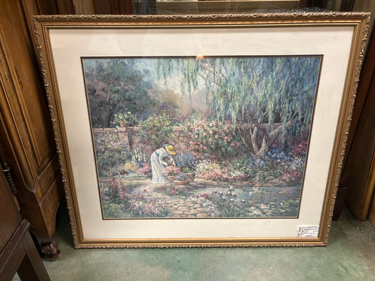 Barbara Mock Print w/ Woman in Garden in Gold Ornate Frame (39x34)