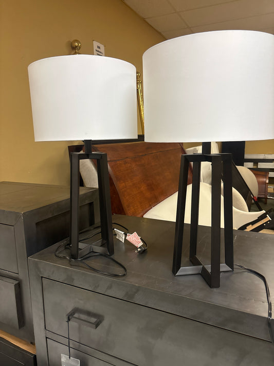 PAIR of Black Metal Table Lamps w/ White Shades