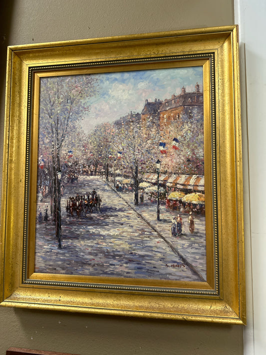 27 x 31 Original Oil by S. Morris of Parisian Street in Gold Frame