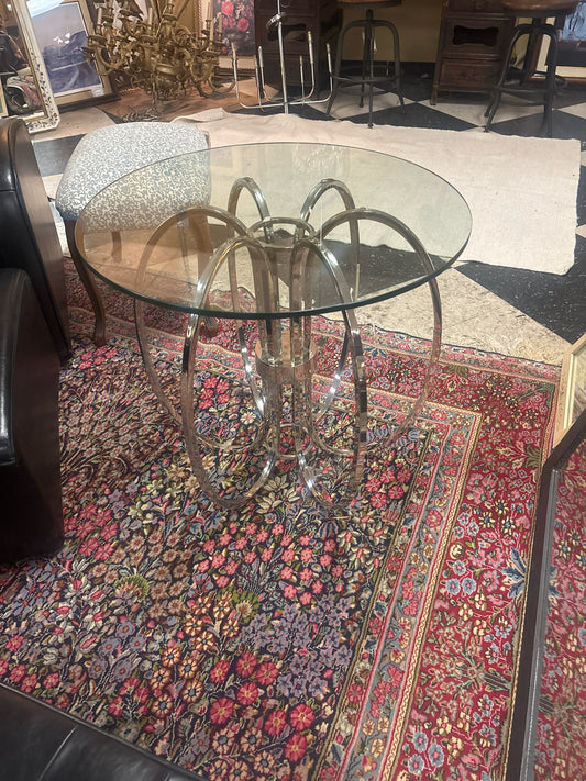 Milo Baughman Barrel Shaped Chrome Side Table w/ Round Glass Top