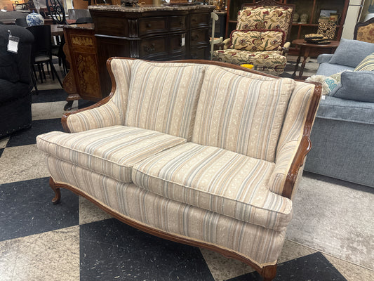 Vintage 2 Seater Striped Sofa w/ Carved Wood Frame