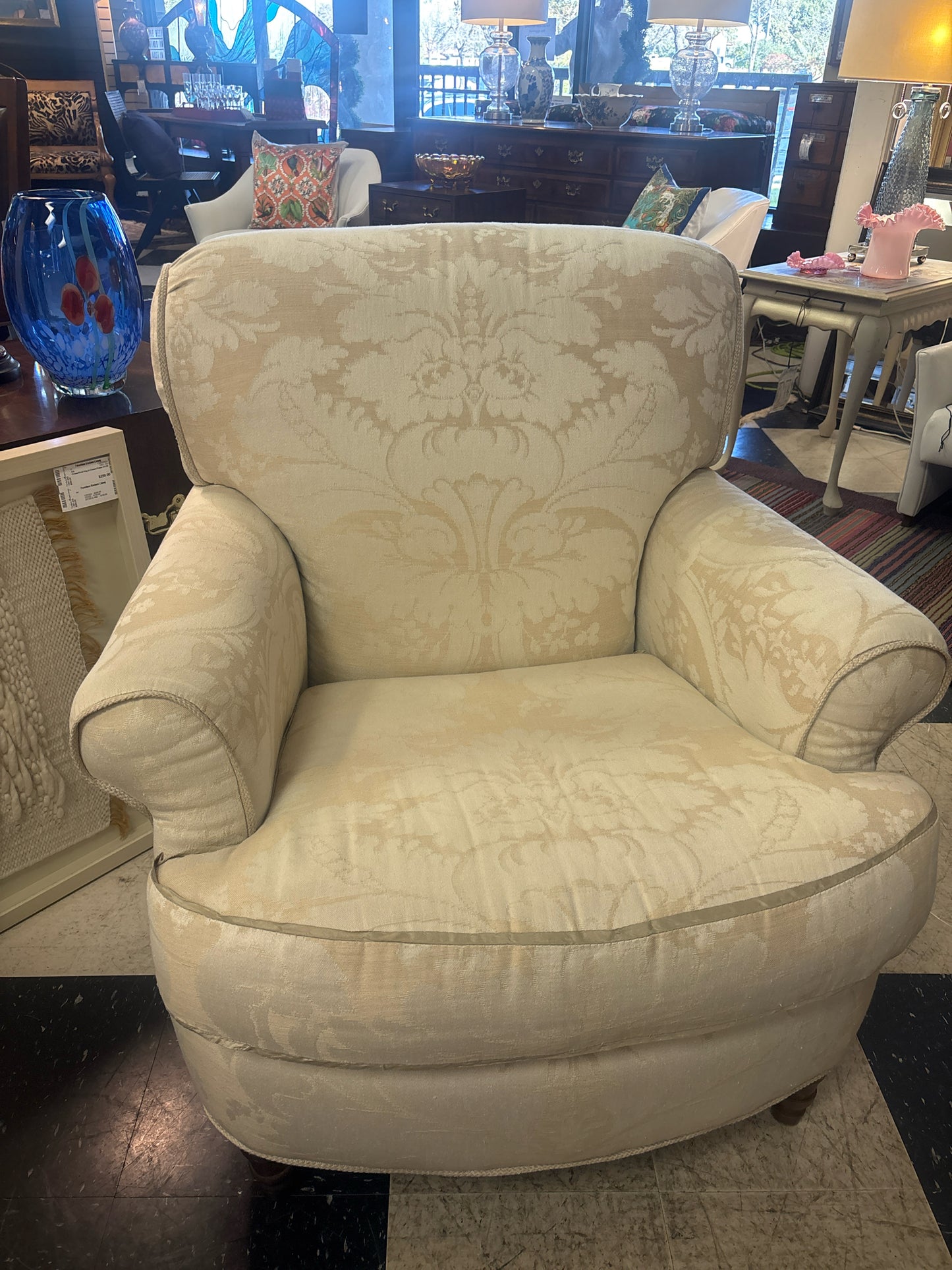 Cream & Ivory Custom Upholstered Club Chair w/ Rounded Arms & Back