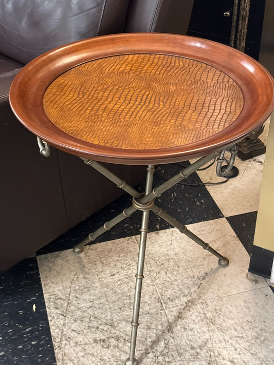 Round Side Table w/ Crocodile Embossed Top on Metal Bamboo Legs