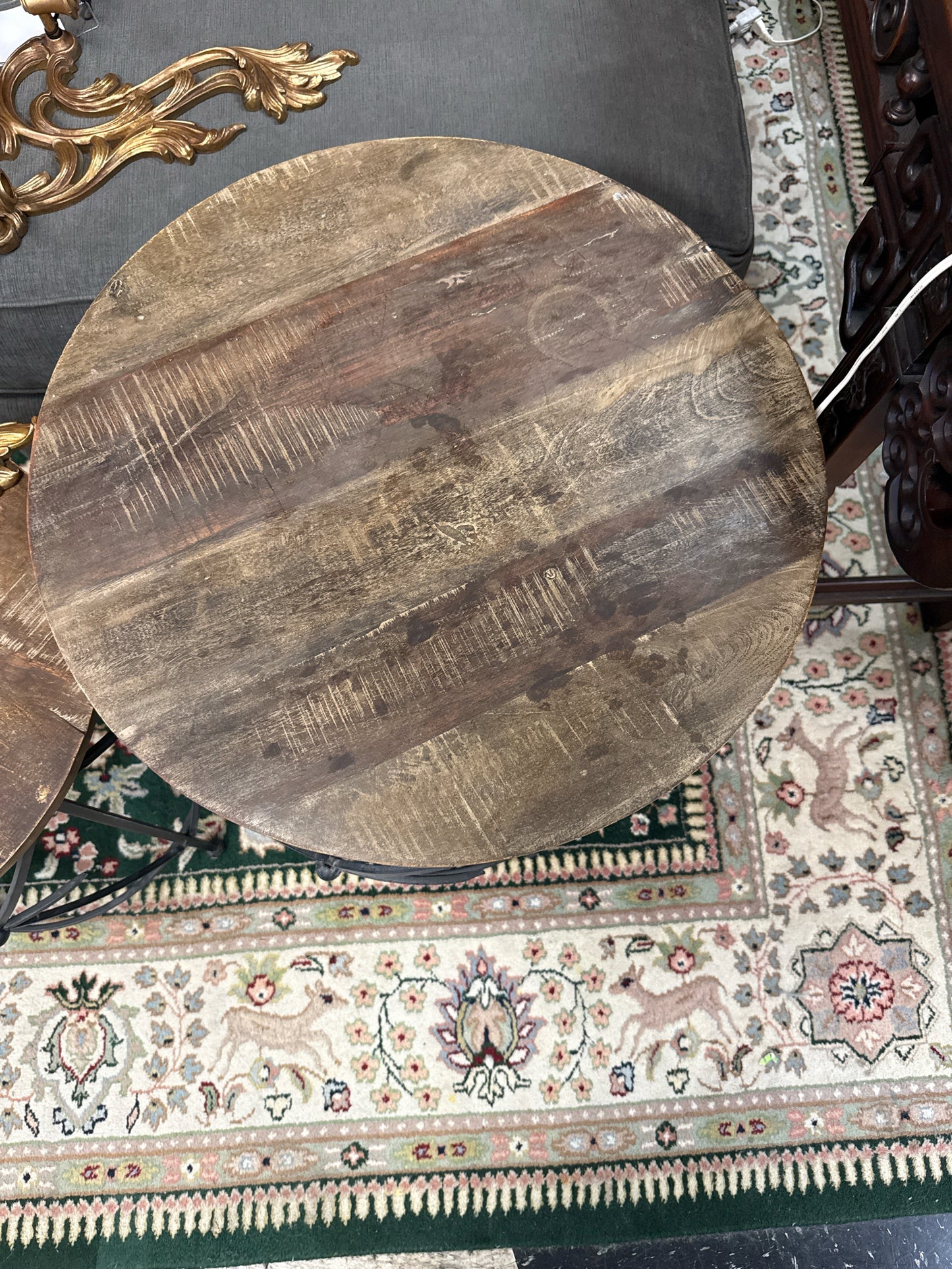 Round Wrought Iron Side Table w/ Wood Top ( 23")