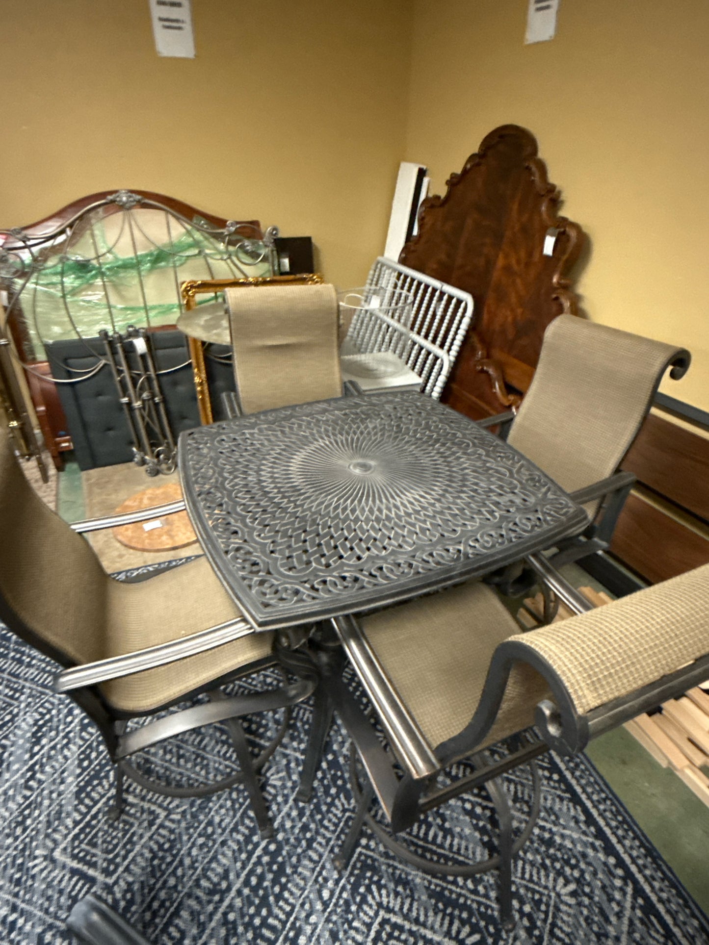 Outdoor Black High Metal Table w/4 Woven Swivel Chairs