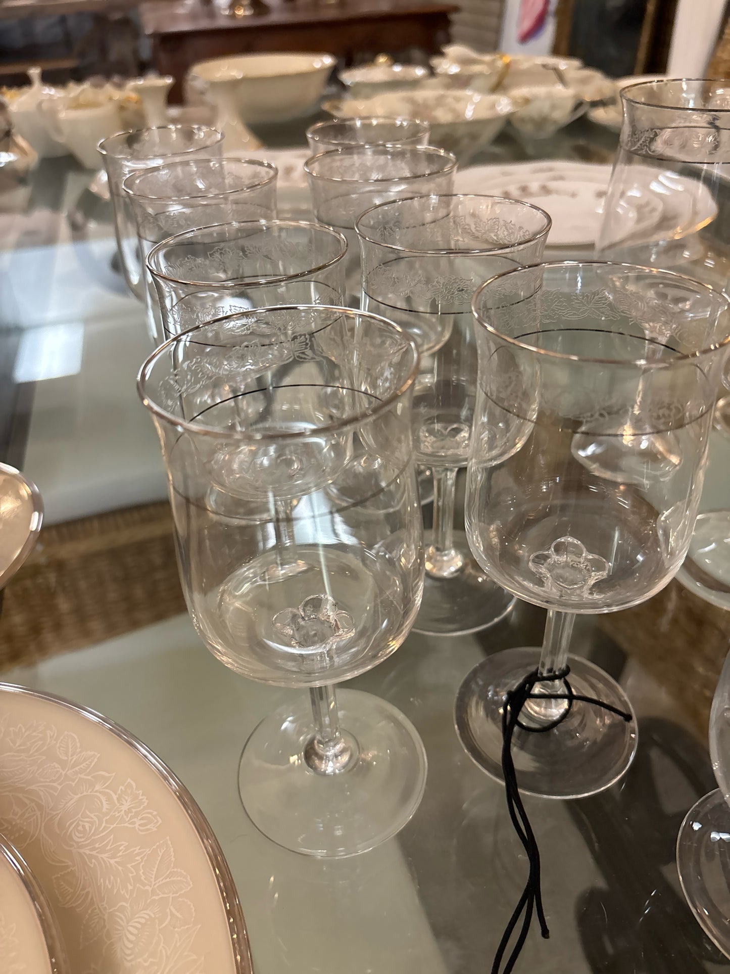 SET of 8 Vintage Moonspun Crystal Wine Glasses w/ Platinum Rim & Floral Etching