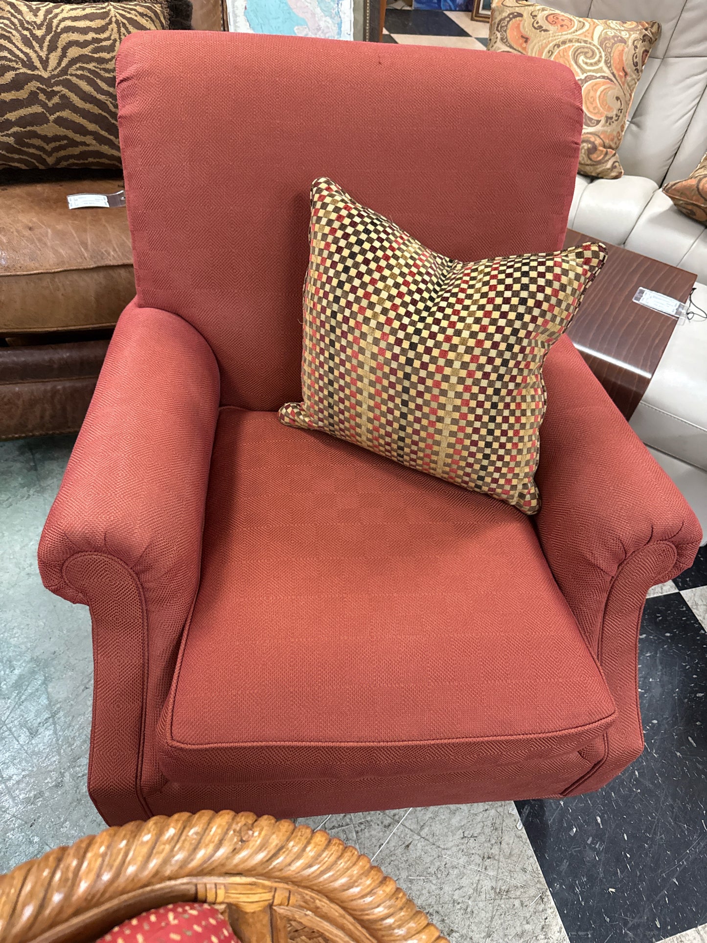 Vanguard Rust Color Accent Chair w/ Checkered Pillow