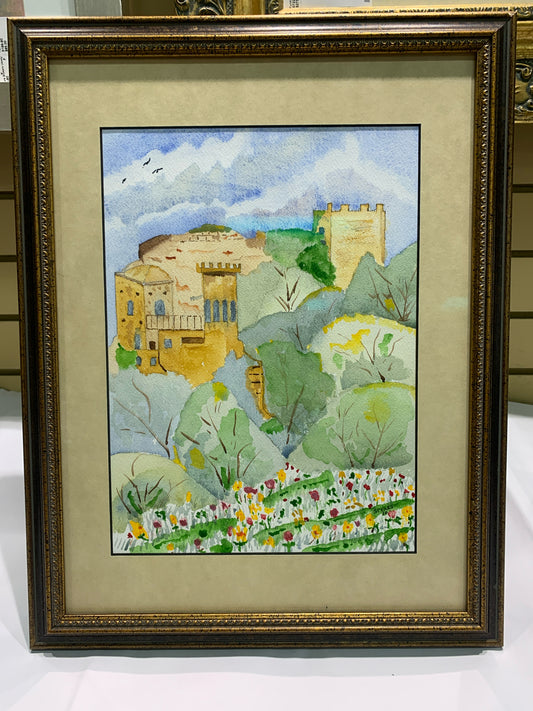 Original Signed Watercolor- Castle in Hills w/Flowers by Spears (18"x 14")