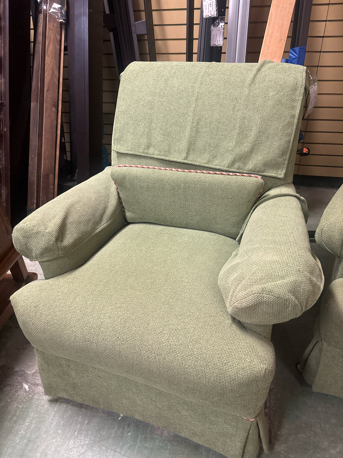 Light Green Club Chair w/ Rolled Arms & Pleated Skirt