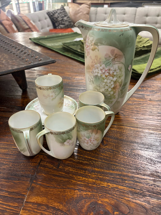 Antique RS Prussia Hand Painted Porcelain Chocolate Set -Pot +5Cups/Saucers