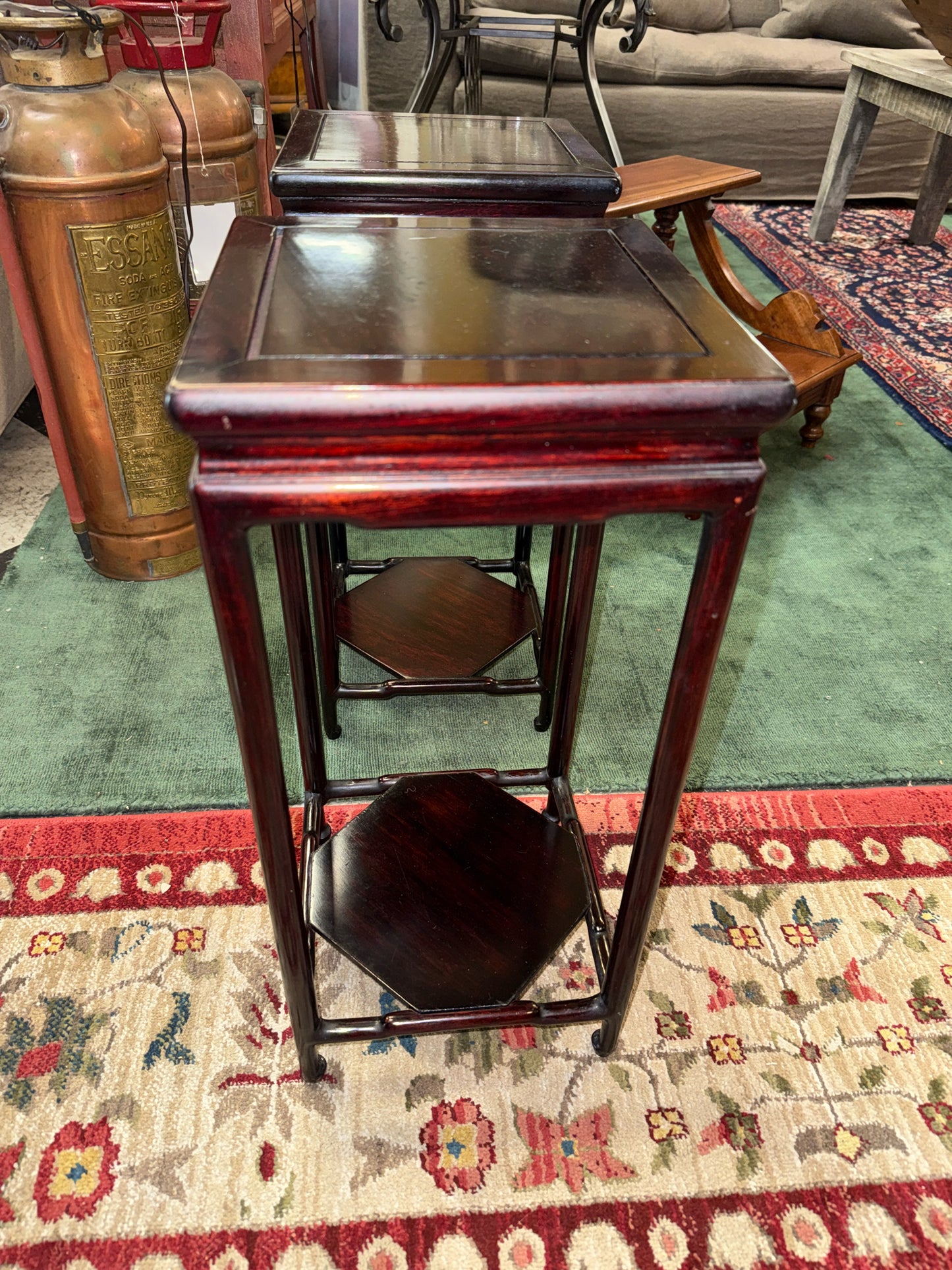 PAIR - Small Chinese Rosewood End Tables w/Lower Shelf 9.5x9.5x21