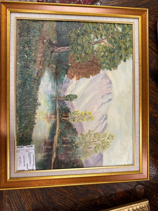 vintage original Oil Painting - Landscape of Mountain & River by Esther Bentz
