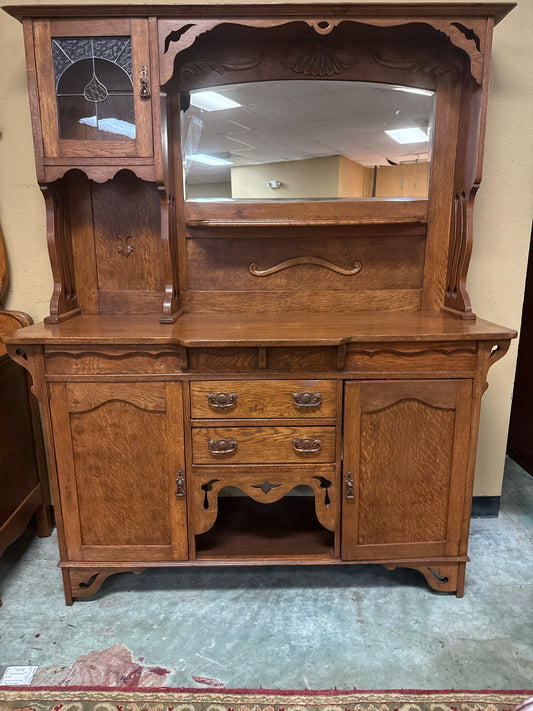 Antique Tiger Oak Bar w/ Mirror & Key