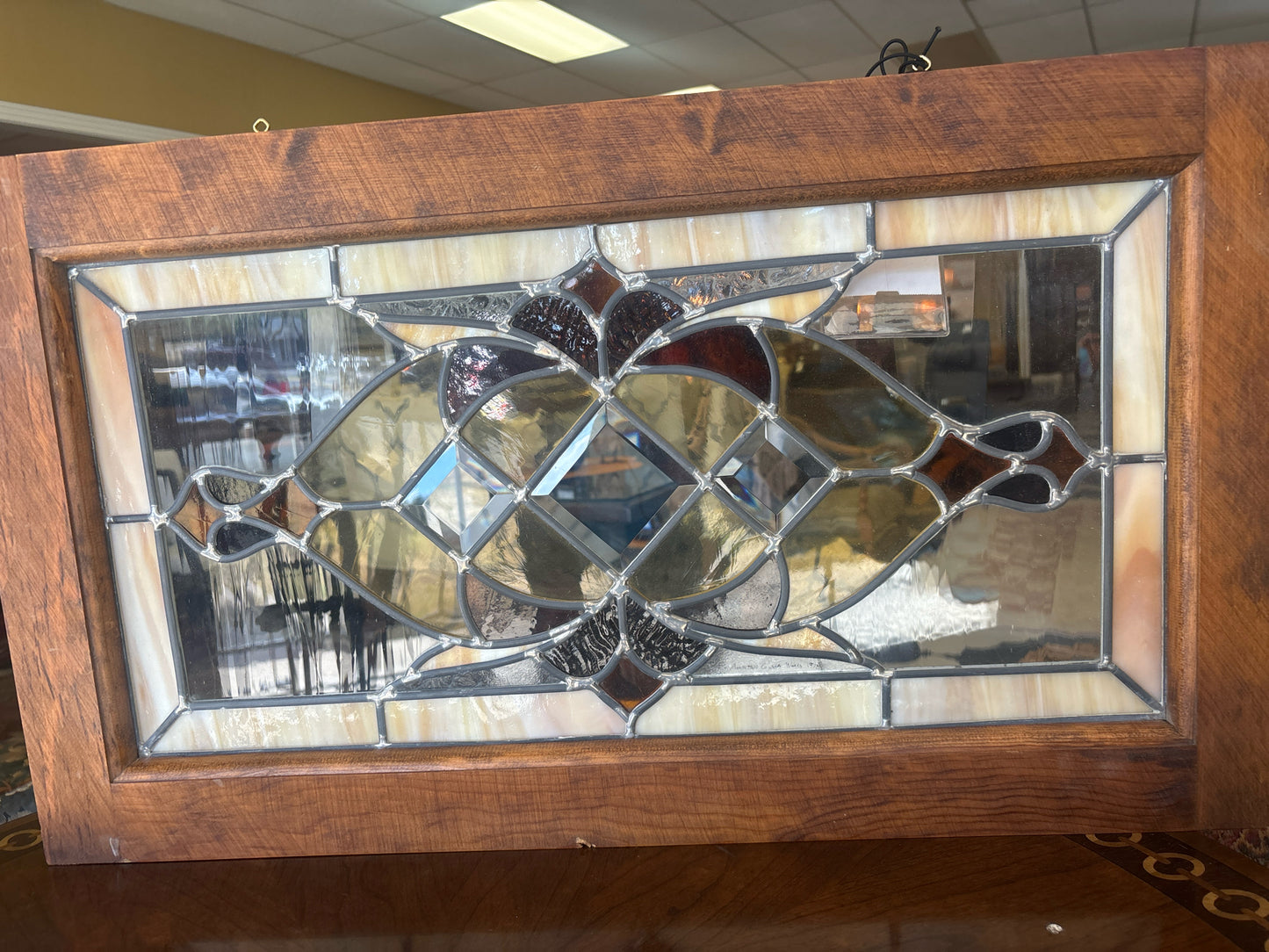 Brown/Copper/Yellow/ Orange Stained Glass w/ Wood Frame (16 1/4x 28 1/2)