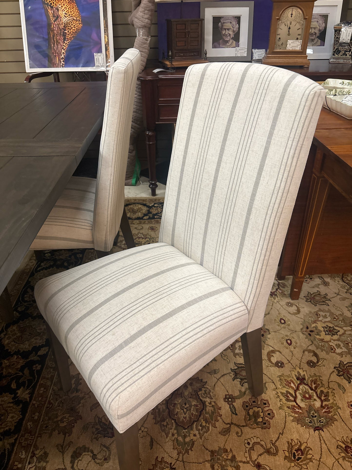 SET of 4 White & Gray Striped Linen Dining Chairs