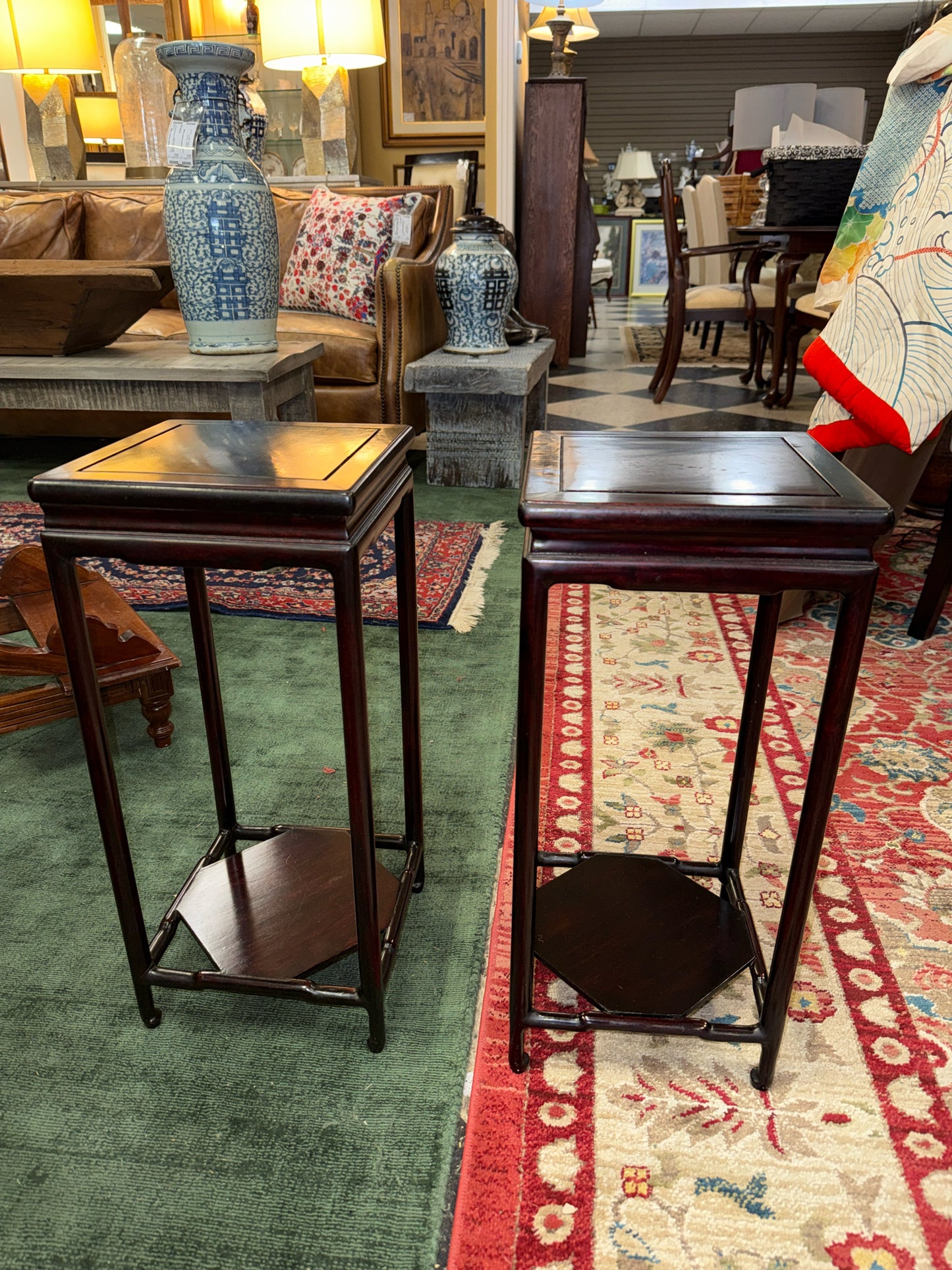 PAIR - Small Chinese Rosewood End Tables w/Lower Shelf 9.5x9.5x21