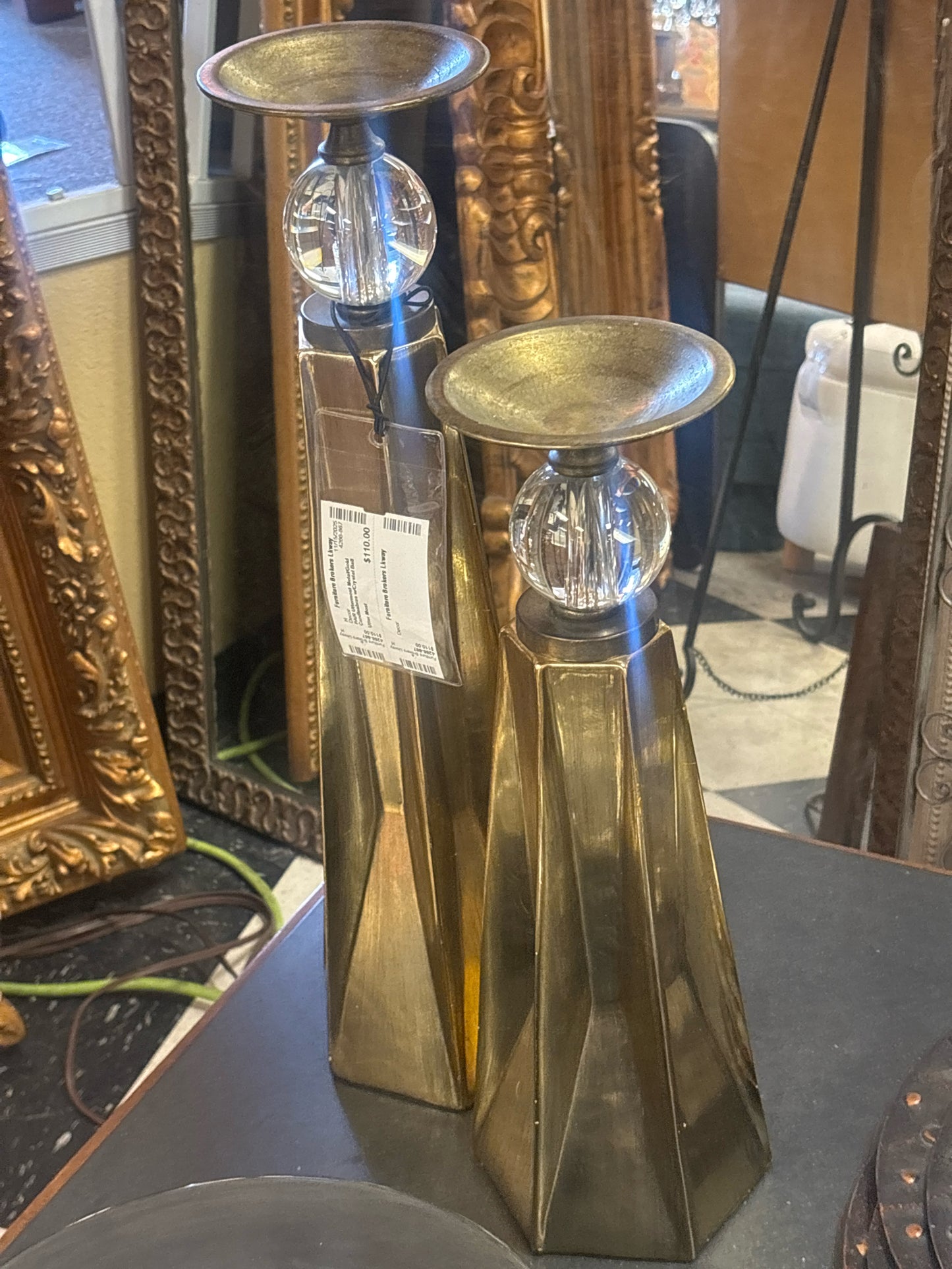 PAIR Uttermost Metal/Gold Candleabras w/Crystal Ball