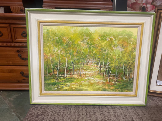 Signed Oil Trees in Green/Gold Frame by Houston Artist 47.5x37