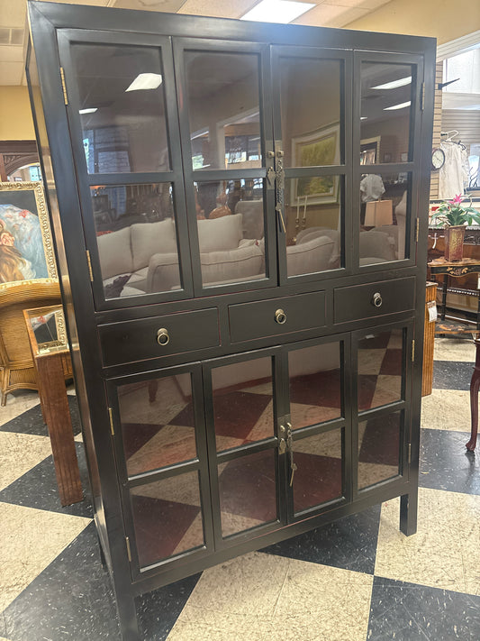 Black Asian Curio Cabinet w/ 4 Bifold Doors & 3 Drawers (46x18x71)