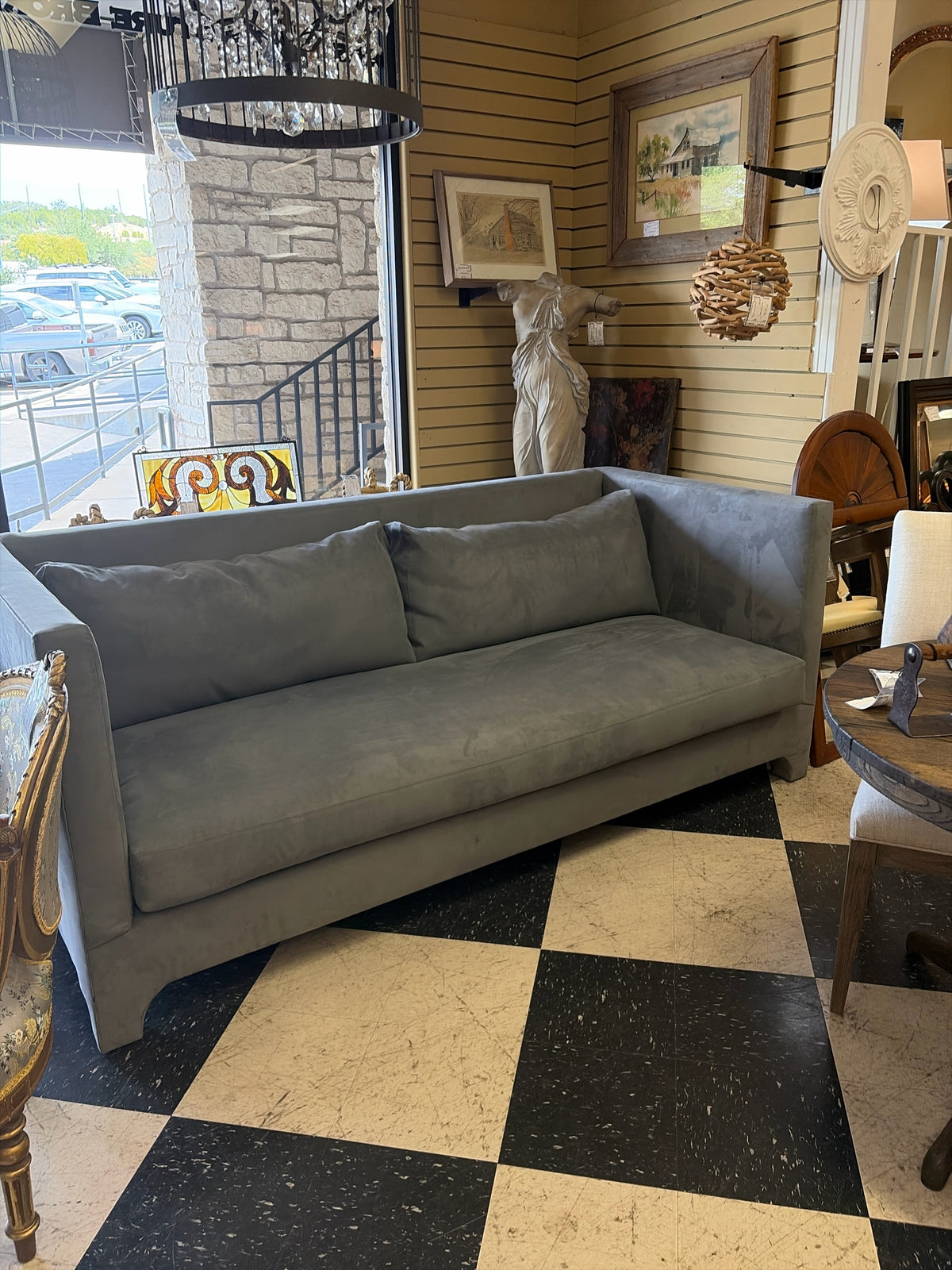 Verellen-Grey Suede One-Cushion/2-Pillow Sofa