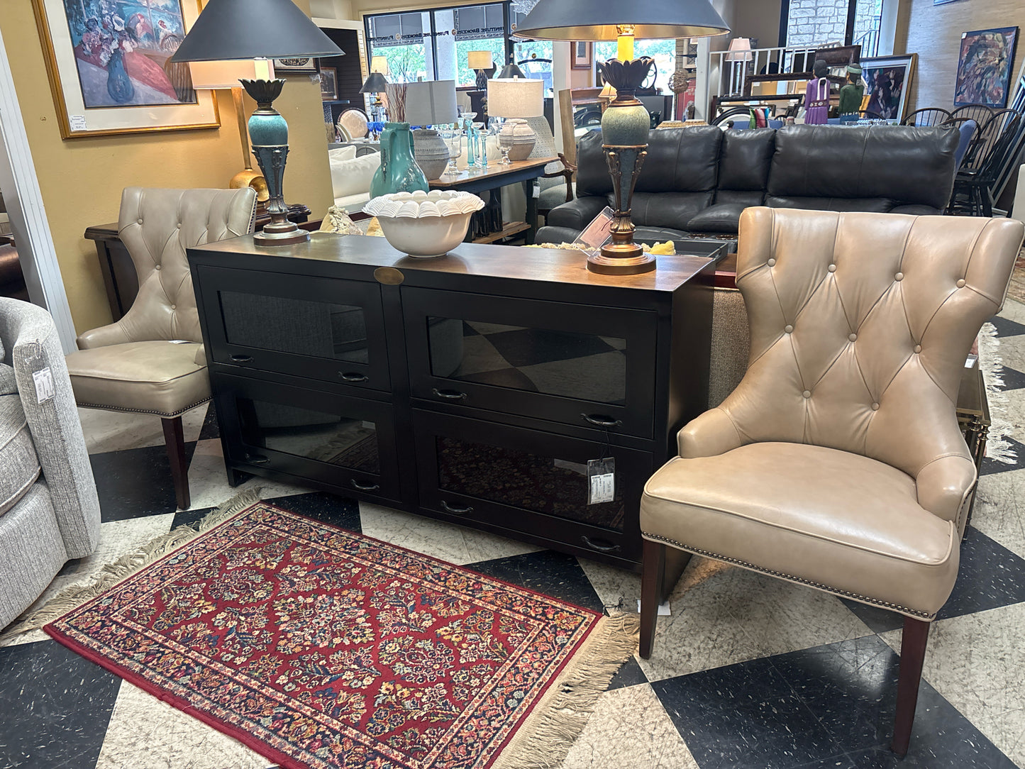 Pair - Tufted Back Leather Accent Chairs w/ Nailhead Trim (Taupe)
