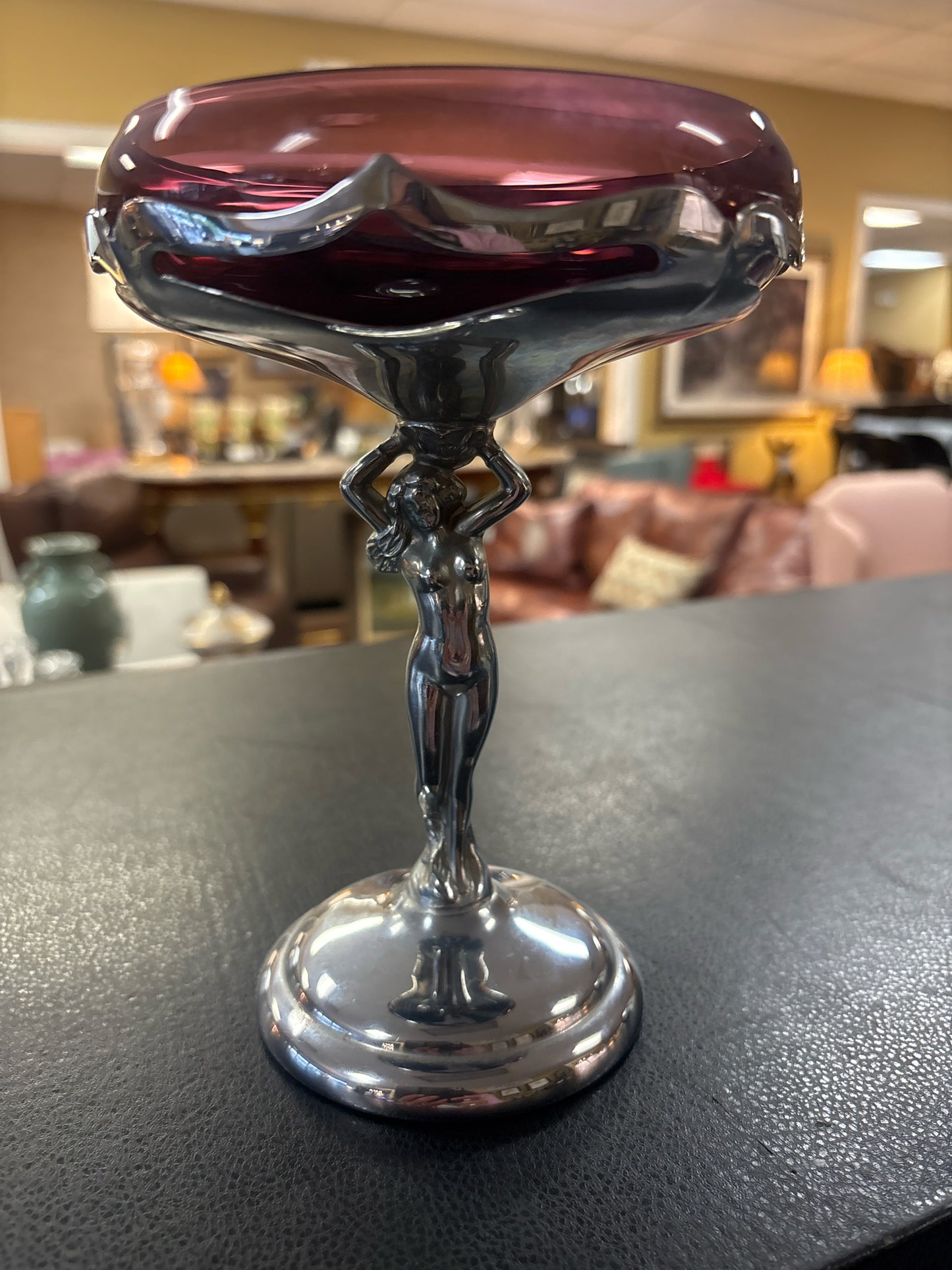 Vintage Farber Bros Krome Kraft Art Deco Nude Compote Bowl in Amethyst